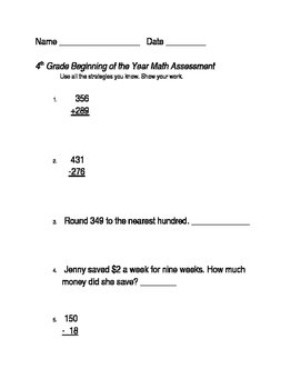 Preview of 4th Grade Beginning of the Year Math Pre-Assessment Pre-test {Editable}