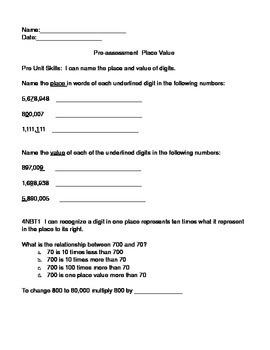 Preview of 4th Grade Pre-Assessment Common Core Place Value