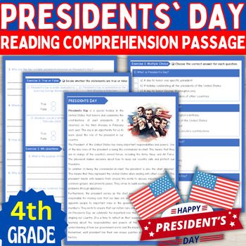 Preview of 4th Grade Presidents' Day Activities Reading comprehension passage and questions