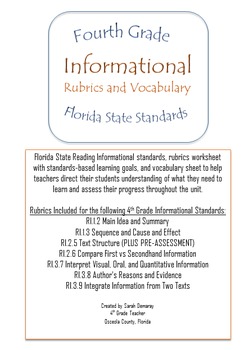 Preview of 4th Grade Reading Informational Rubrics and Learning Goals- Florida