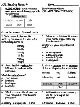 4th Grade Reading SOL Review Worksheet #1 by Just So Elementary | TpT