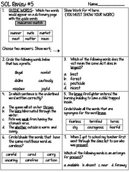 4th grade reading sol review worksheet 5 by just so