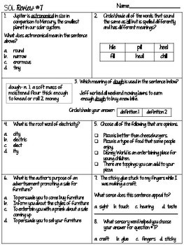 4th Grade Reading SOL Review Worksheet #7 by Just So Elementary | TpT
