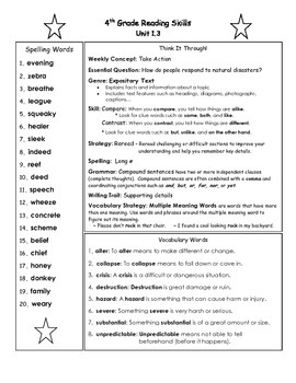 4th Grade Reading Wonders Unit 1 Study Guides w/ On-Level Spelling Words