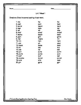 4th Grade Reading Wonders Weekly Multiple Choice Spelling Test (ON