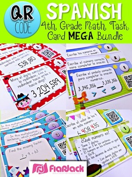 Preview of 4th Grade SPANISH Math Task Cards with QR Codes Bundle