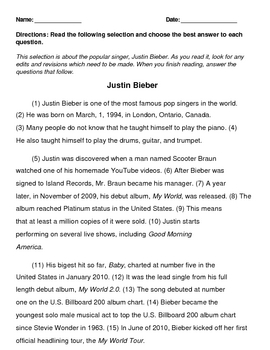 Preview of 4th Grade STAAR Writing Revising and Editing Passage - Justin Bieber