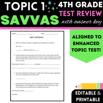 Preview of 4th Grade Savvas/ enVision Math Topic 1 Test Review with Key