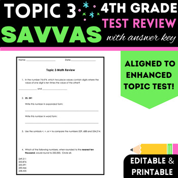 Preview of 4th Grade Place Value | Savvas/ enVision Math Topic 3 Test Review with Key