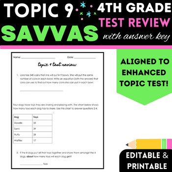 Preview of 4th Grade Division | Savvas/ enVision Math Topic 9 Test Review with Key