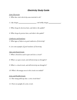 Preview of 4th Grade Science-Electricity Test and Study Guide