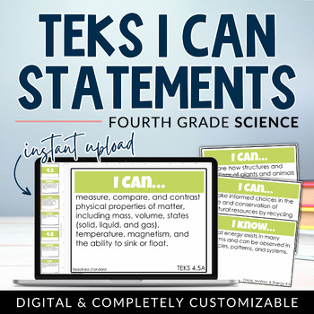 Preview of 4th Grade Science TEKS I Can Statements Digital + Editable Agenda Slides