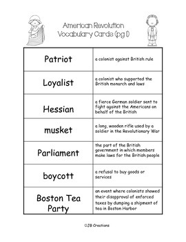 4th Grade American Revolution Content Specific Vocabulary Activity Pack