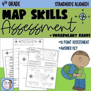 4th Grade Social Studies Map Skills Assessment & Vocabulary Cards