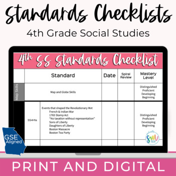 Preview of 4th Grade Social Studies Standards Checklist Print and Digital