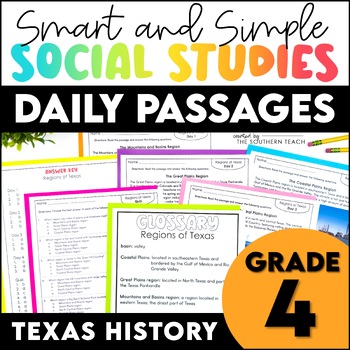 Preview of 4th Grade Social Studies Texas History Worksheets & Daily Passages for the Year