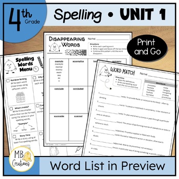 Preview of 4th Grade Spelling Word Practice Worksheets for iReady Magnetic Reading Unit 1