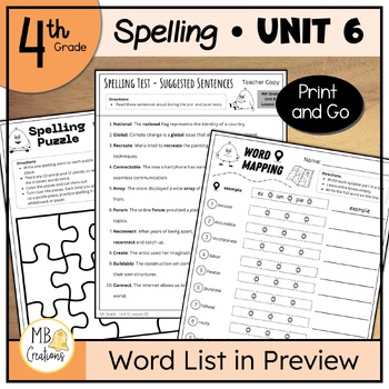 Preview of 4th Grade Spelling Word Practice Worksheets for iReady Magnetic Reading Unit 6