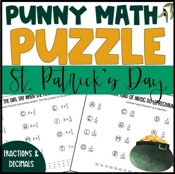 Preview of 4th Grade St. Patrick's Day Math Puzzle Activity: Fractions and Decimals Riddle