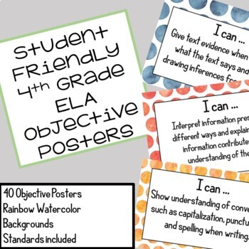Preview of 4th Grade Student Friendly ELA Objective Posters (CCSS)