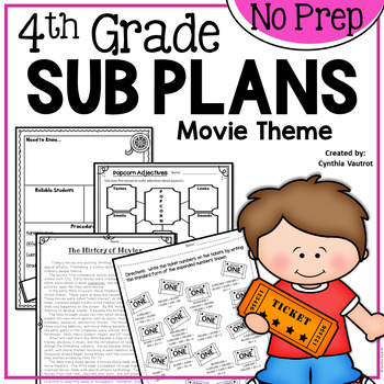 Preview of 4th Grade Sub Plans Activities Emergency Substitute No Prep Movies Theme