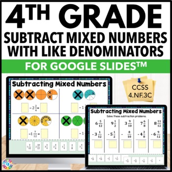 Preview of Subtracting Mixed Number Fractions with Like Denominators Regrouping 4th Grade