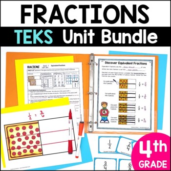 Preview of 4th Grade Fractions Unit - Worksheets, Assessments, Equivalent, Comparing TEKS
