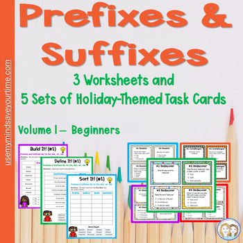 Preview of Prefix Suffix Task Cards with Prefix Worksheets - Holiday and Back-to-School
