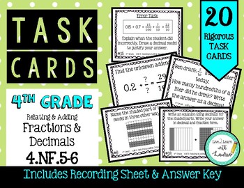 Preview of 4.NF.5/6 Relating & Adding Fractions & Decimals 4th Grade Task Cards