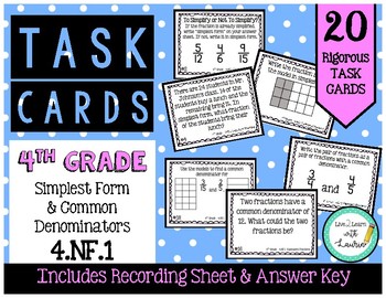 Preview of 4.NF.A.1 Simplest Form & Common Denominators 4th Grade Task Cards