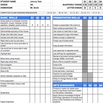 Preview of 4th Grade Technology Standards Based Report Card