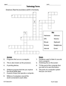 4th grade technology terminolgy crossword puzzle worksheet english