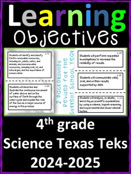 Preview of 4th Grade Texas TEKS Science Learning Objectives Cards | Color & B&W