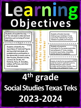 Preview of 4th Grade Texas TEKS Social Studies Learning Objectives Cards | Color & B&W