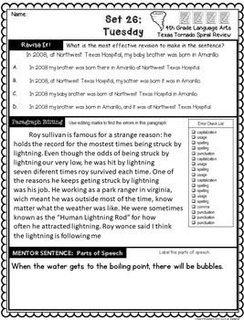 4th Grade Texas Tornado Daily Revise Edit Teks Spiral Review Bundle Parts 1 5