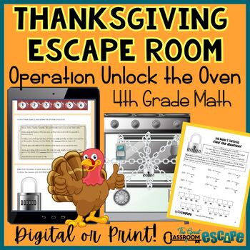 Preview of 4th Grade Thanksgiving Math Activity Print or Digital Escape Room Game