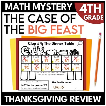 Preview of 4th Grade Thanksgiving Math Mystery Review Worksheets Escape Room
