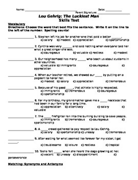 4th Grade Trophies Test Lou Gehrig: The Luckiest Man by Douglas Shain