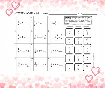 Preview of 4th Grade Valentine's Day Fractions Mystery Word Activity