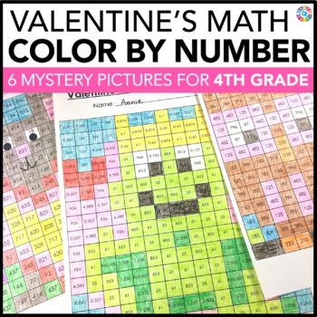 Preview of 4th Grade Valentine's Day Math Activities Coloring by Number Worksheet Pages Fun