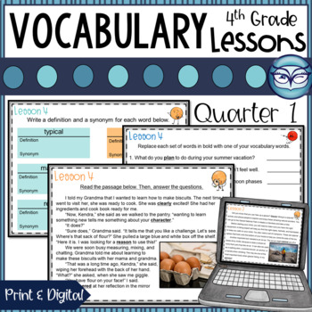 Preview of 4th Grade Vocabulary Lessons Quarter 1 with Reading Comprehension