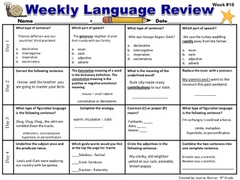 4th Grade Weekly Language Review by Joanne Warner | TpT