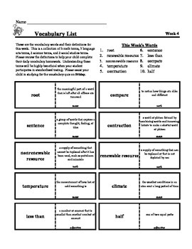 Preview of 4th Grade Weekly Vocabulary  - Week 4
