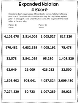 4th grade whole number expanded notation 4 score game with record sheet