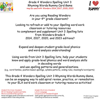 Preview of 4th Grade Wonders Spelling Unit 3 Rhyming Words Rummy Card Game