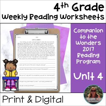 Preview of 4th Grade Wonders 2017 Weekly Reading Worksheets Unit 4 - Print and Digital