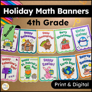 Preview of 4th Grade Yearlong Math Review Worksheets and Activities - Holiday Math Banners