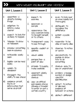 4th Grade Zaner-Bloser Word Wisdom Units 1-9 Vocabulary Word Lists