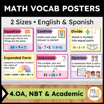 Preview of 4th Grade iReady Math Word Wall Vol 1 Banners Spanish & ENG 4.OA, NBT Vocabulary
