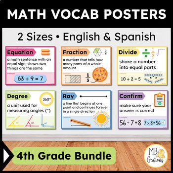 Preview of 4th Grade Math Word Wall Posters English/Spanish CCSS Vocabulary + iReady Banner